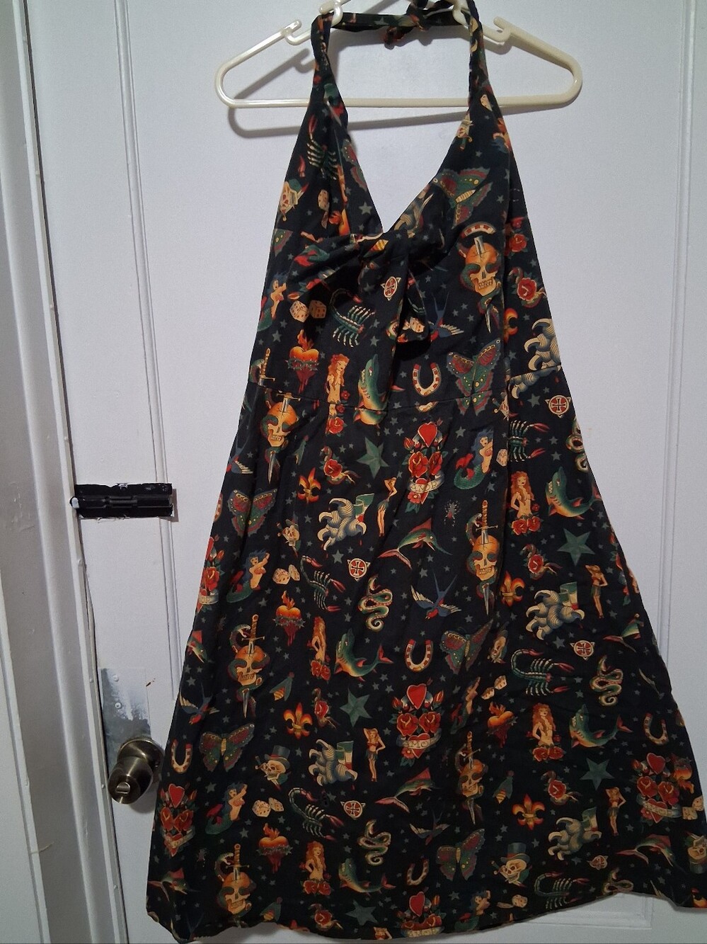 Black Halter A-Line Dress with Vintage Tattoo Print